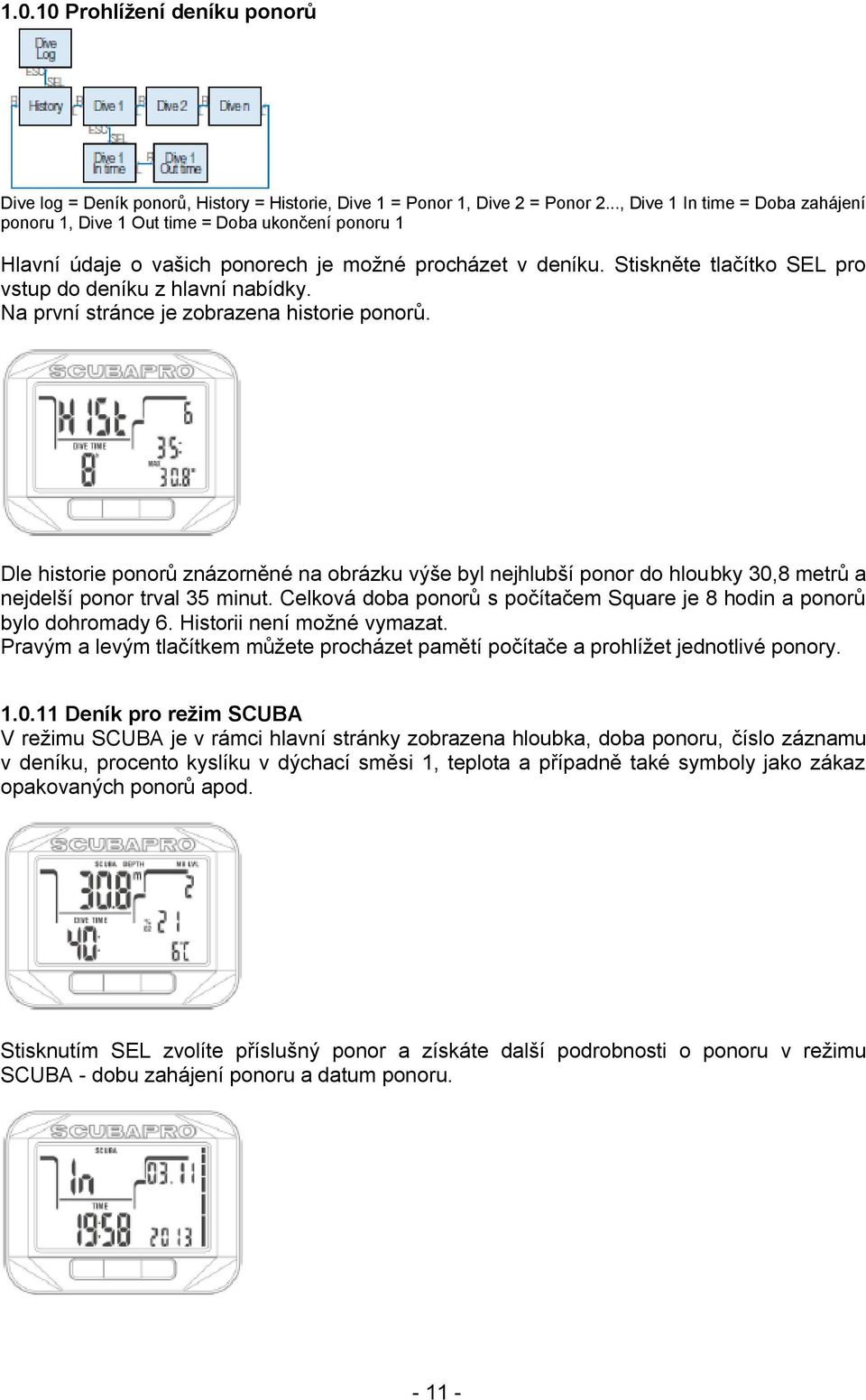 Stiskněte tlačítko SEL pro vstup do deníku z hlavní nabídky. Na první stránce je zobrazena historie ponorů.