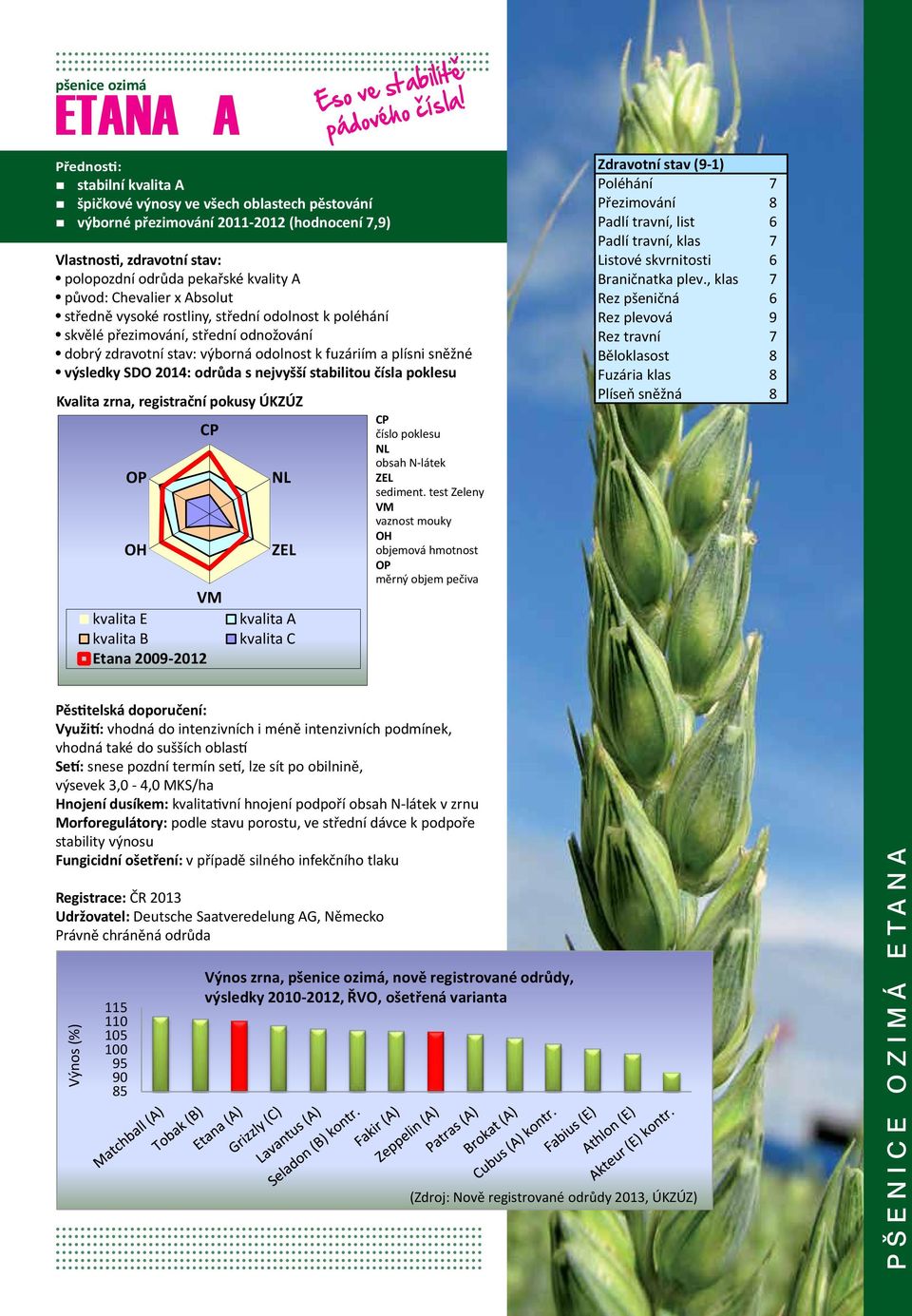 fuzáriím a plísni sněžné výsledky SDO 2014: odrůda s nejvyšší stabilitou čísla poklesu Kvalita zrna, registrační pokusy pokusy ÚKZÚZ ÚKZÚZ CP Využití: vhodná do intenzivních i méně intenzivních