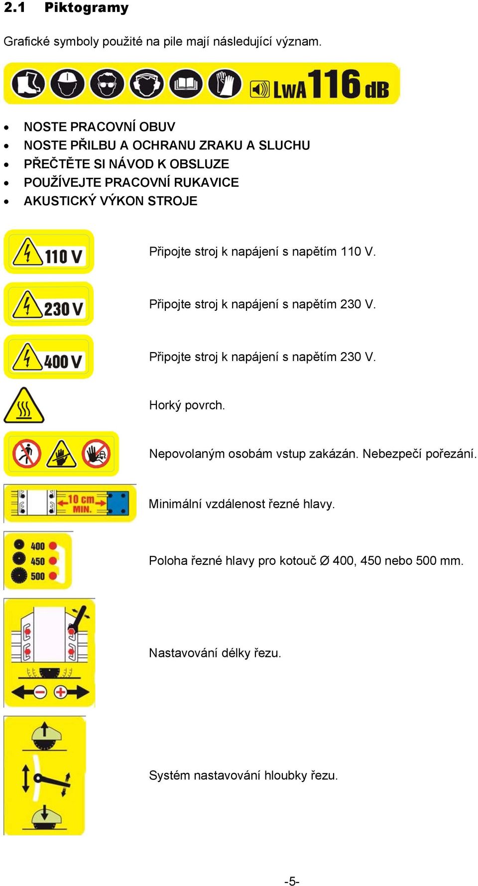 Připojte stroj k napájení s napětím 110 V. Připojte stroj k napájení s napětím 230 V. Připojte stroj k napájení s napětím 230 V. Horký povrch.