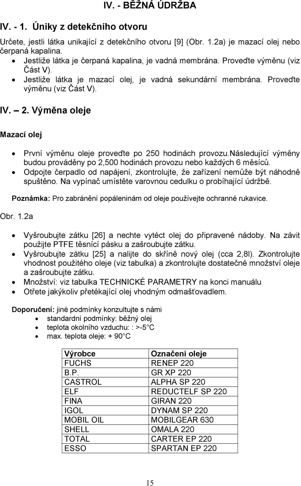 Výměna oleje Mazací olej První výměnu oleje proveďte po 250 hodinách provozu.následující výměny budou prováděny po 2,500 hodinách provozu nebo každých 6 měsíců.