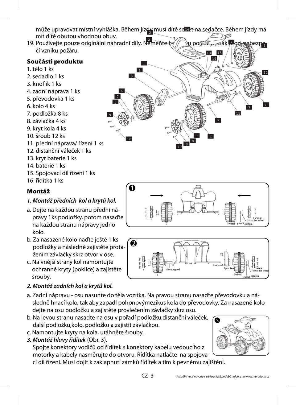 závlačka 4 ks 9. kryt kola 4 ks 10. šroub 12 ks 11. přední náprava/ řízení 1 ks 12. distanční váleček 1 ks 13. kryt baterie 1 ks 14. baterie 1 ks 15. Spojovací díl řízení 1 ks 16.
