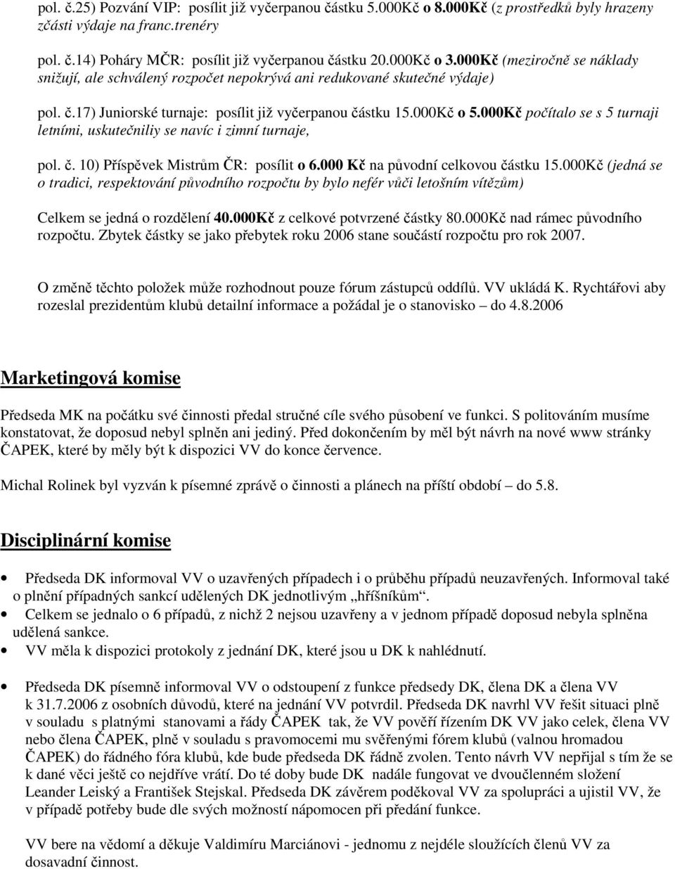 000 počítalo se s 5 turnaji letními, uskutečniliy se navíc i zimní turnaje, pol. č. 10) Příspěvek Mistrům ČR: posílit o 6.000 na původní celkovou částku 15.