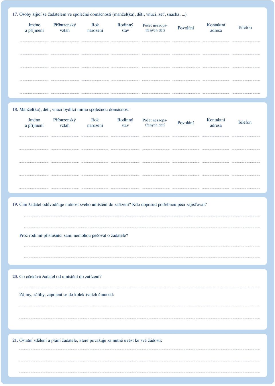 Manžel(ka), děti, vnuci bydlící mimo společnou domácnost Jméno a příjmení Příbuzenský vztah Rok narození Rodinný stav Počet nezaopatřených dětí Povolání Kontaktní adresa Telefon 19.