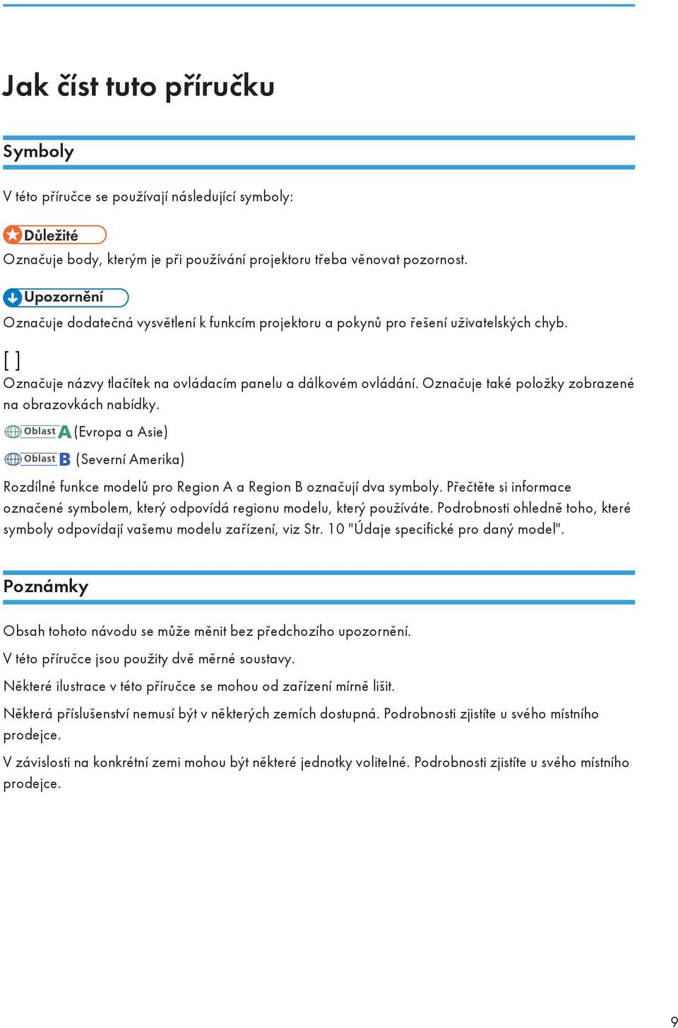 Označuje také položky zobrazené na obrazovkách nabídky. (Evropa a Asie) (Severní Amerika) Rozdílné funkce modelů pro Region A a Region B označují dva symboly.