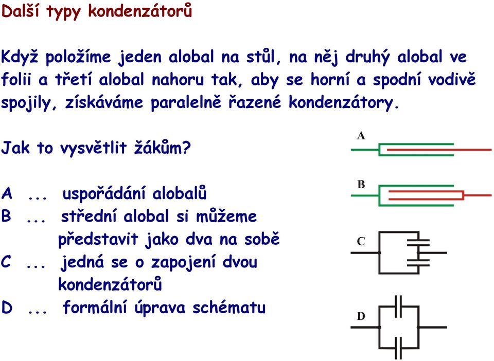 kondenzátory. Jak to vysvětlit žákům? A... uspořádání alobalů B.