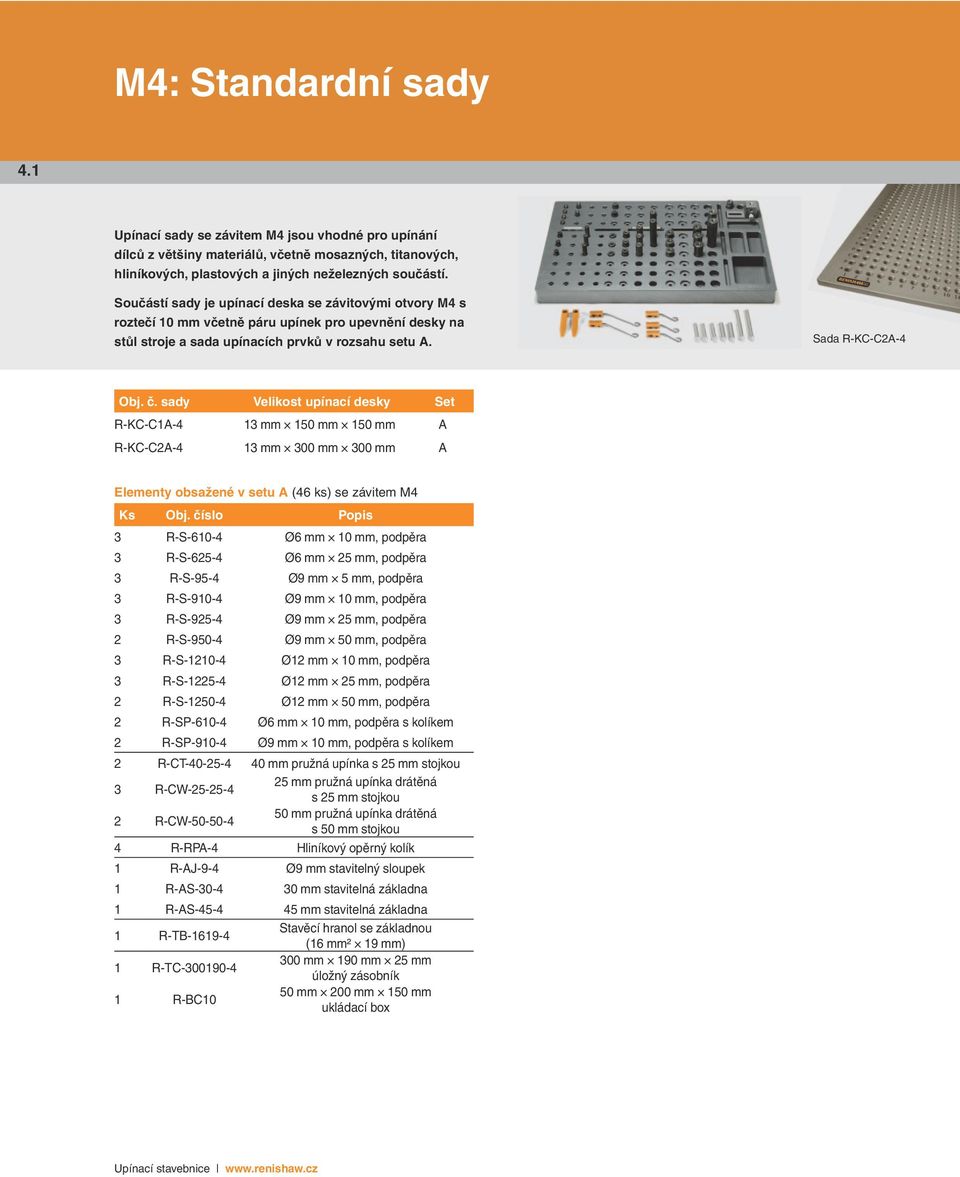 sady Velikost upínací desky Set R-KC-C1A-4 13 mm 150 mm 150 mm A R-KC-C2A-4 13 mm 300 mm 300 mm A Elementy obsažené v setu A (46 ks) se závitem M4 Ks Obj.