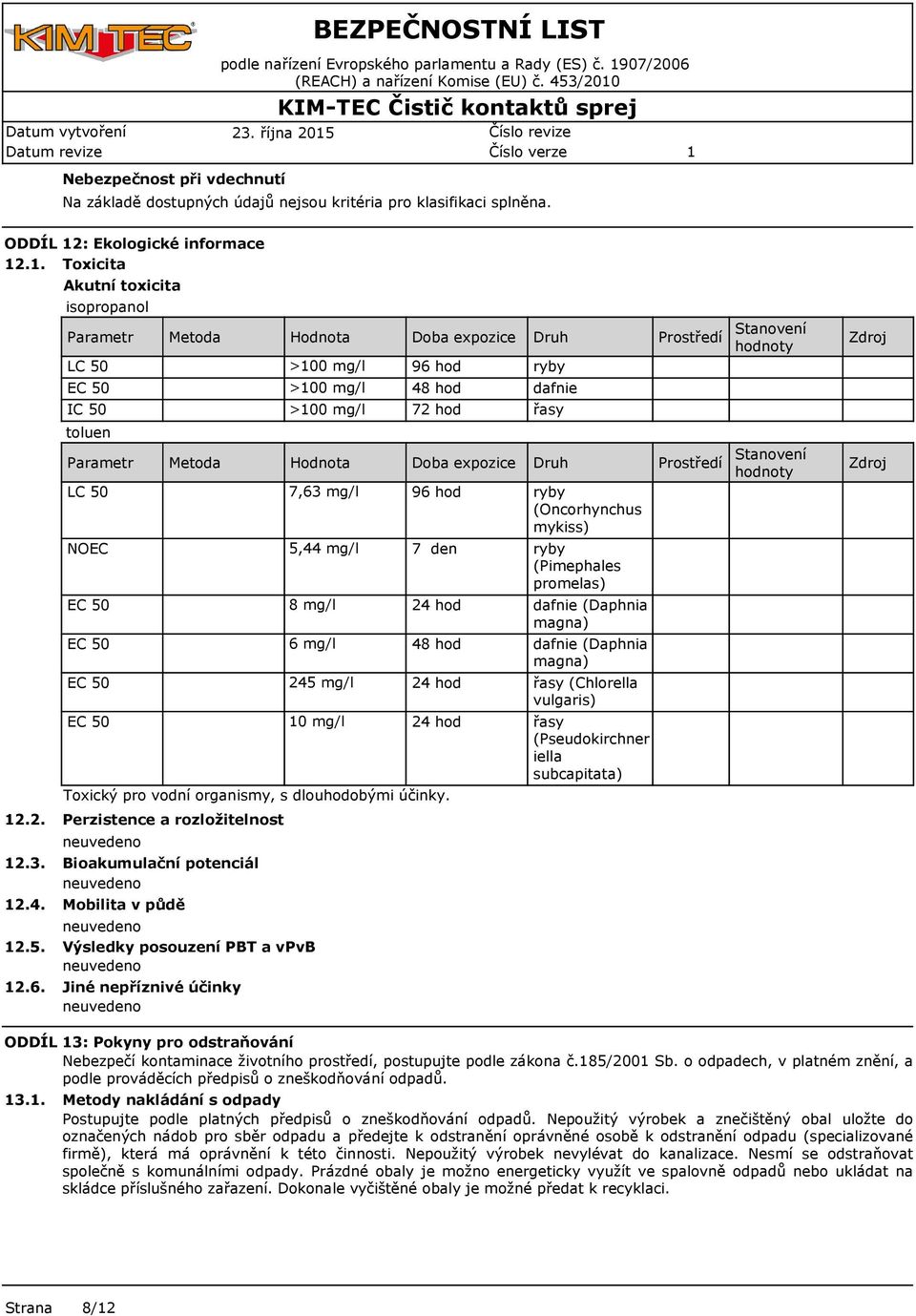 . Toxicita Akutní toxicita isopropanol Parametr LC 50 EC 50 IC 50 toluen Parametr LC 50 NOEC EC 50 EC 50 EC 50 EC 50 Metoda Metoda Hodnota >00 mg/l >00 mg/l >00 mg/l Hodnota 7,63 mg/l 5,44 mg/l 8