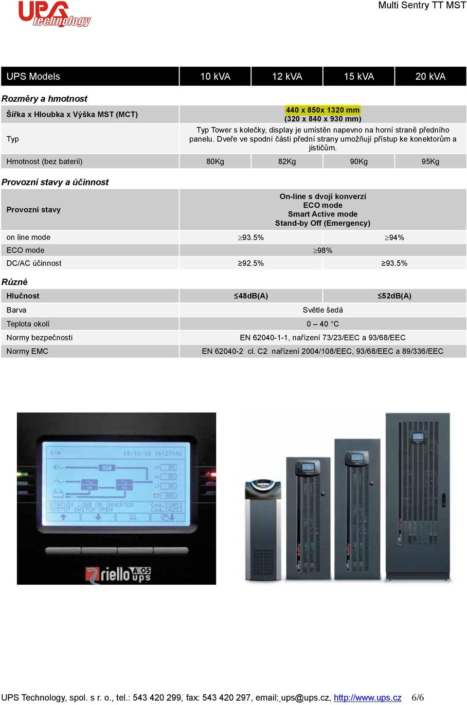 Hmotnost (bez baterií) 80Kg 82Kg 90Kg 95Kg Provozní stavy a účinnost Provozní stavy On-line s dvojí konverzí ECO mode Smart Active mode Stand-by Off (Emergency) on line mode 93.