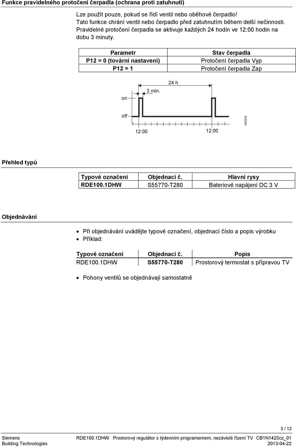 Parametr P12 = 0 (tovární nastavení) P12 = 1 Stav čerpadla Protočení čerpadla Vyp Protočení čerpadla Zap on 3 min. 24 h off 12:00 12:00 Přehled typů ypové označení Objednací č.