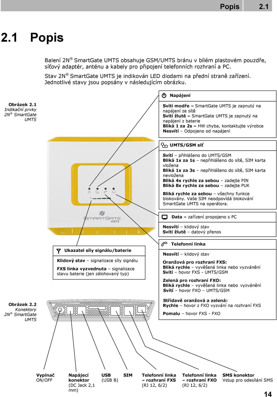 1 Indikační prvky 2N SmartGate UMTS Svítí modře SmartGate UMTS je zapnutý na napájení ze sítě Svítí žlutě SmartGate UMTS je zapnutý na napájení z baterie Bliká 1 za 2s HW chyba, kontaktujte výrobce