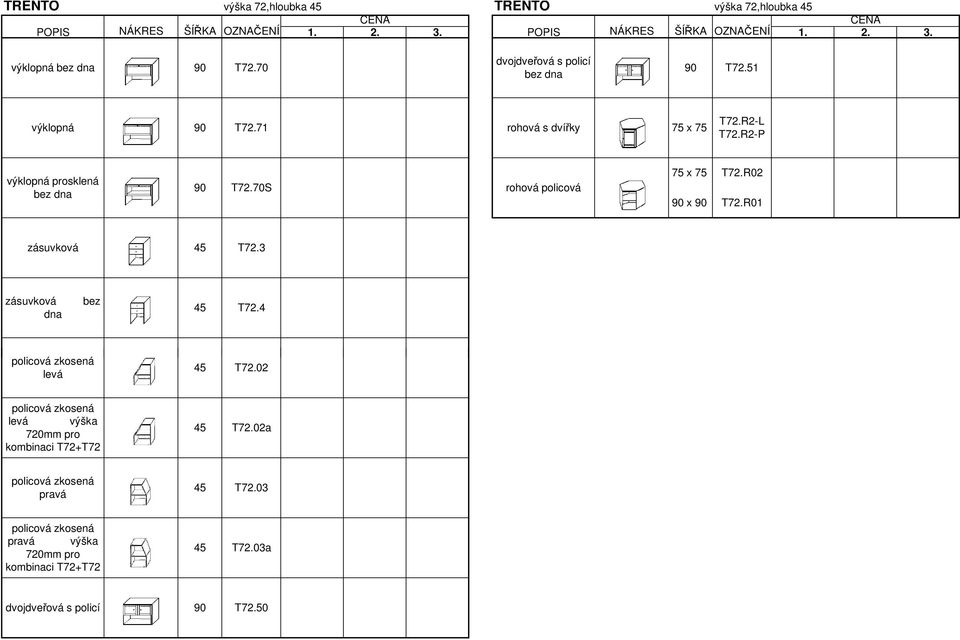 70S rohová x T72.R02 T72.R0 T72.3 bez dna T72.4 zkosená levá T72.