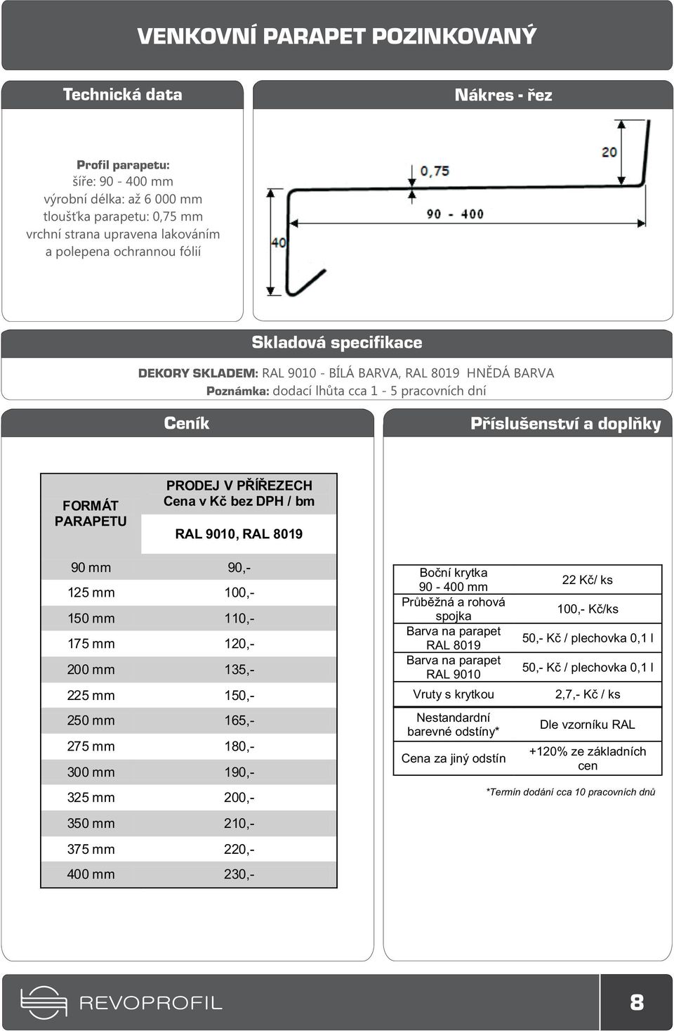 175 mm 120,- 200 mm 135,- 225 mm 150,- 250 mm 165,- 275 mm 180,- 300 mm 190,- 325 mm 200,- 350 mm 210,- 375 mm 220,- 400 mm 230,- Boèní krytka 90-400 mm Prùbìžná a rohová spojka Barva na parapet RAL