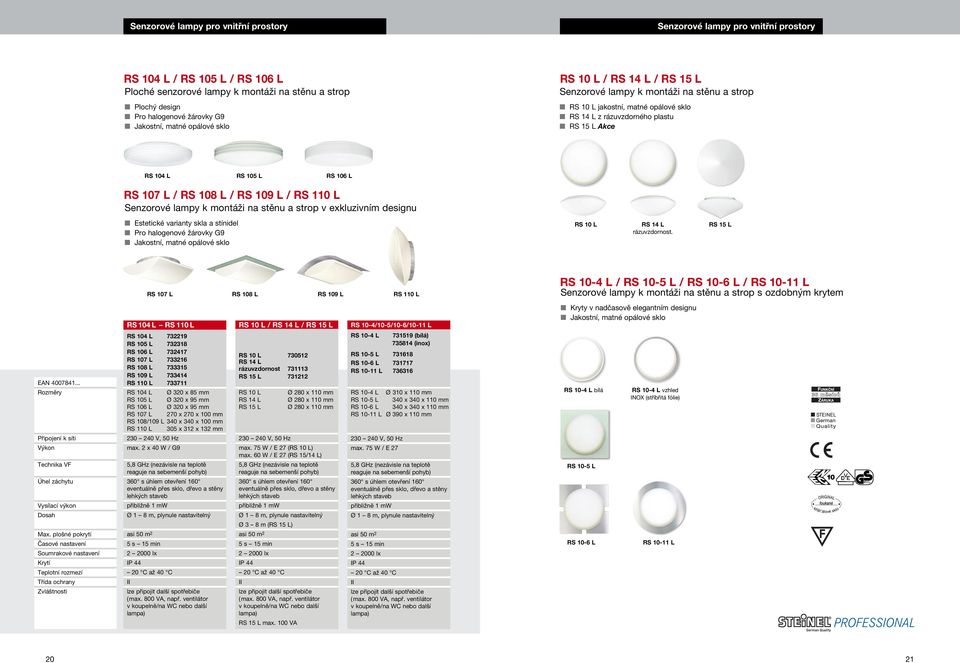 RS 106 L RS 107 L / RS 108 L / RS 109 L / RS 110 L Senzorové lampy k montáži na stěnu a strop v exkluzivním designu Estetické varianty skla a stínidel Pro halogenové žárovky G9 Jakostní, matné