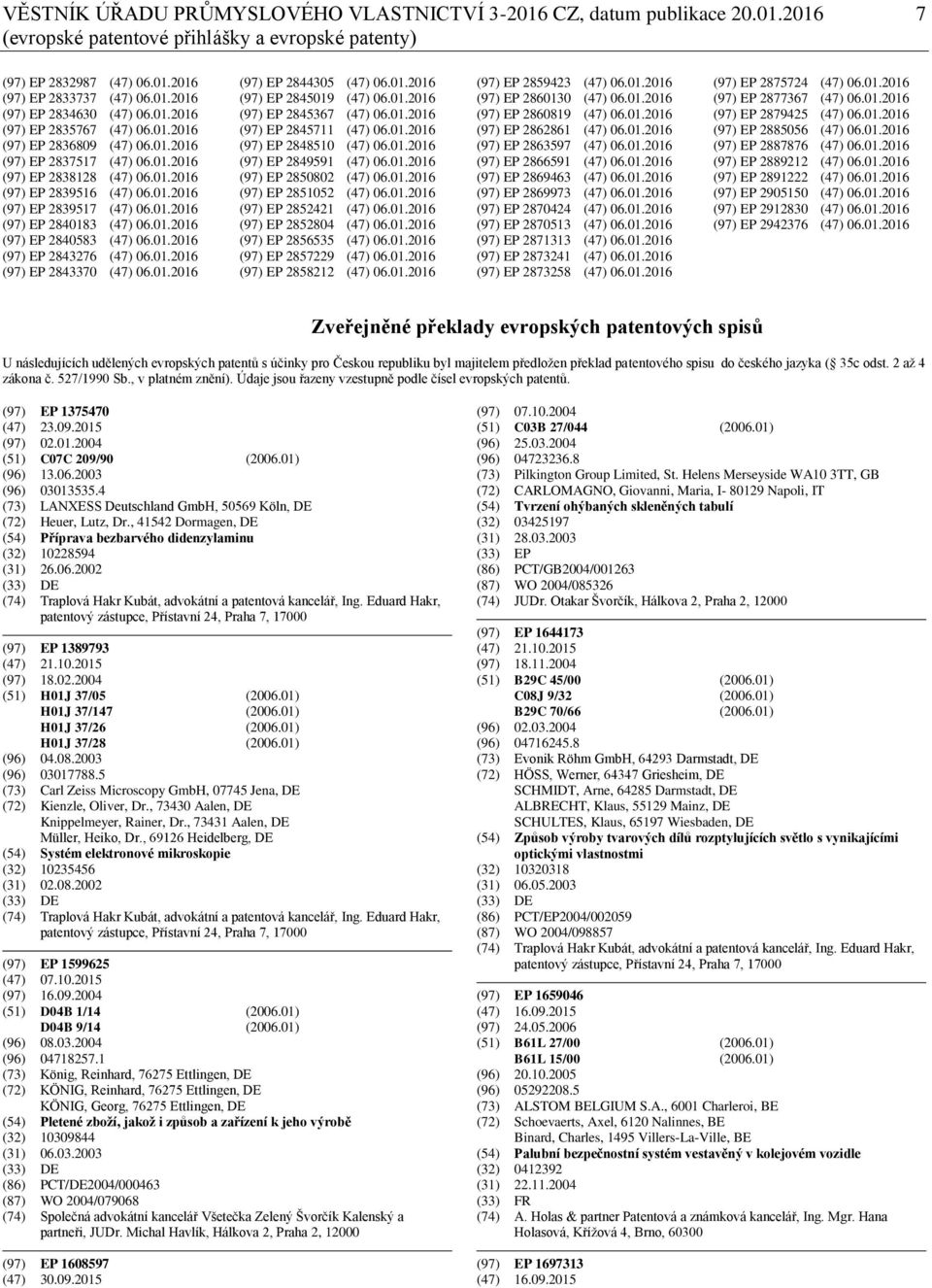 01.2016 (97) EP 2840583 (47) 06.01.2016 (97) EP 2843276 (47) 06.01.2016 (97) EP 2843370 (47) 06.01.2016 (97) EP 2844305 (47) 06.01.2016 (97) EP 2845019 (47) 06.01.2016 (97) EP 2845367 (47) 06.01.2016 (97) EP 2845711 (47) 06.