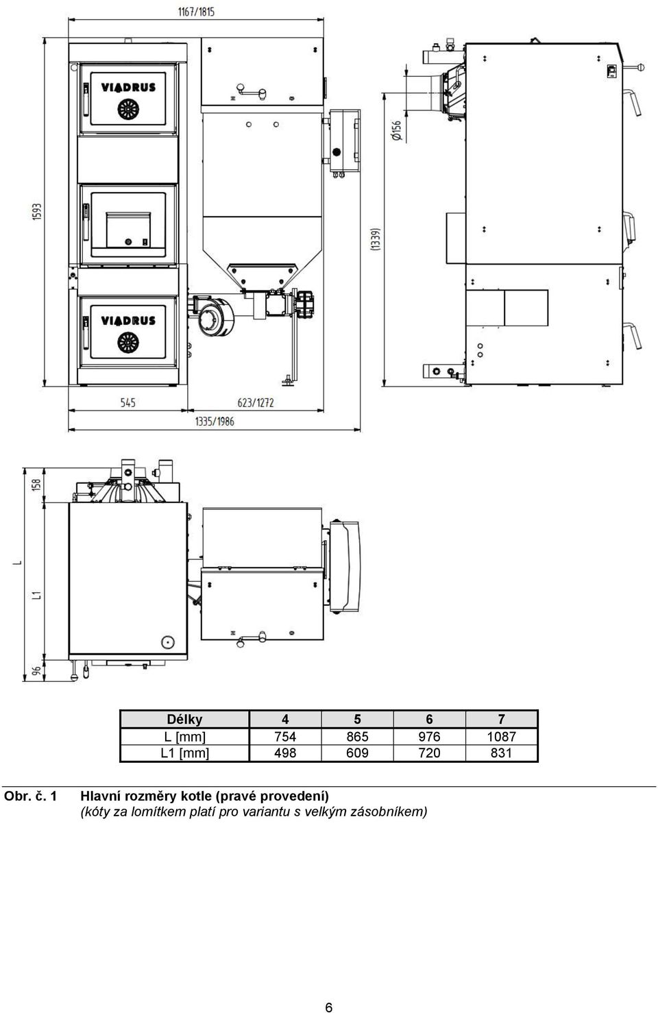 1 Hlavní rozměry kotle (pravé provedení)