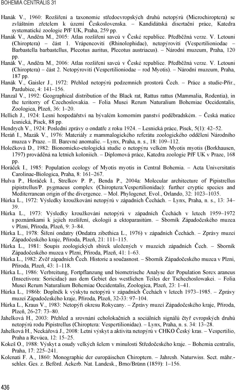 Vrápencovití (Rhinolophidae), netopýrovití (Vespertilioniodae Barbastella barbastellus, Plecotus auritus, Plecotus austriacus). Národní muzeum, Praha, 120 pp. Hanák V., Anděra M.