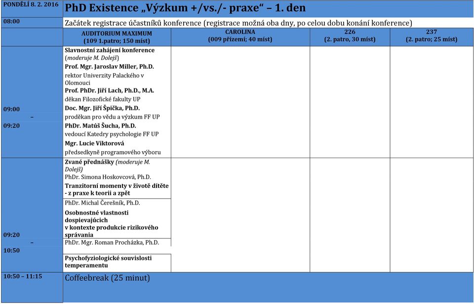 děkan Filozofické fakulty UP 09:00 Doc. Mgr. Jiří Špička, Ph.D. proděkan pro vědu a výzkum FF UP 09:20 PhDr. Matúš Šucha, Ph.D. vedoucí Katedry psychologie FF UP 09:20 10:50 Mgr.