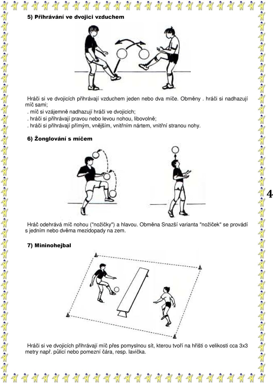 hráči si přihrávají přímým, vnějším, vnitřním nártem, vnitřní stranou nohy. 6) Žonglování s míčem 4 Hráč odehrává míč nohou ("nožičky") a hlavou.