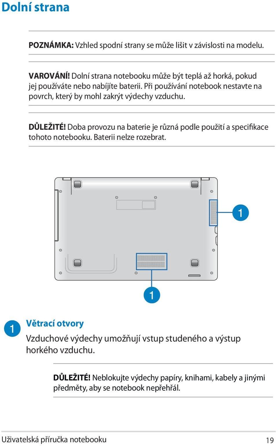 Při používání notebook nestavte na povrch, který by mohl zakrýt výdechy vzduchu. DŮLEŽITÉ!