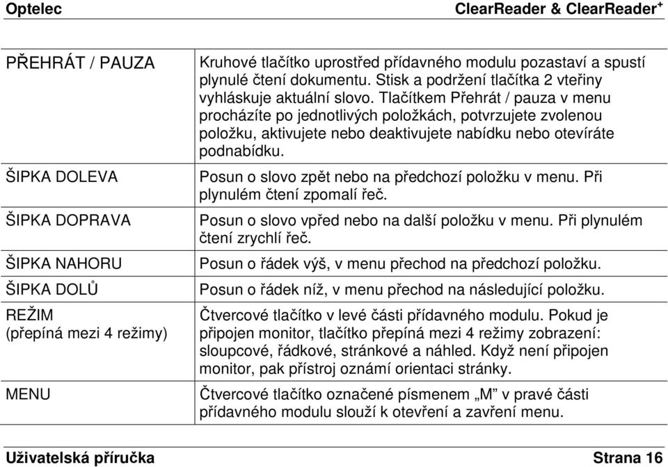 Tlačítkem Přehrát / pauza v menu procházíte po jednotlivých položkách, potvrzujete zvolenou položku, aktivujete nebo deaktivujete nabídku nebo otevíráte podnabídku.