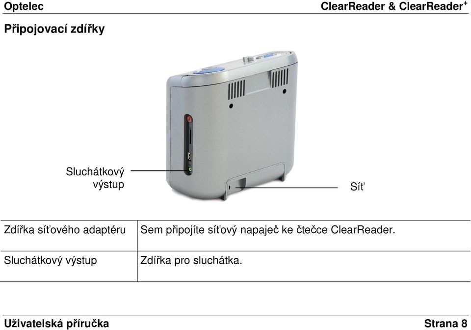 připojíte síťový napaječ ke čtečce ClearReader.