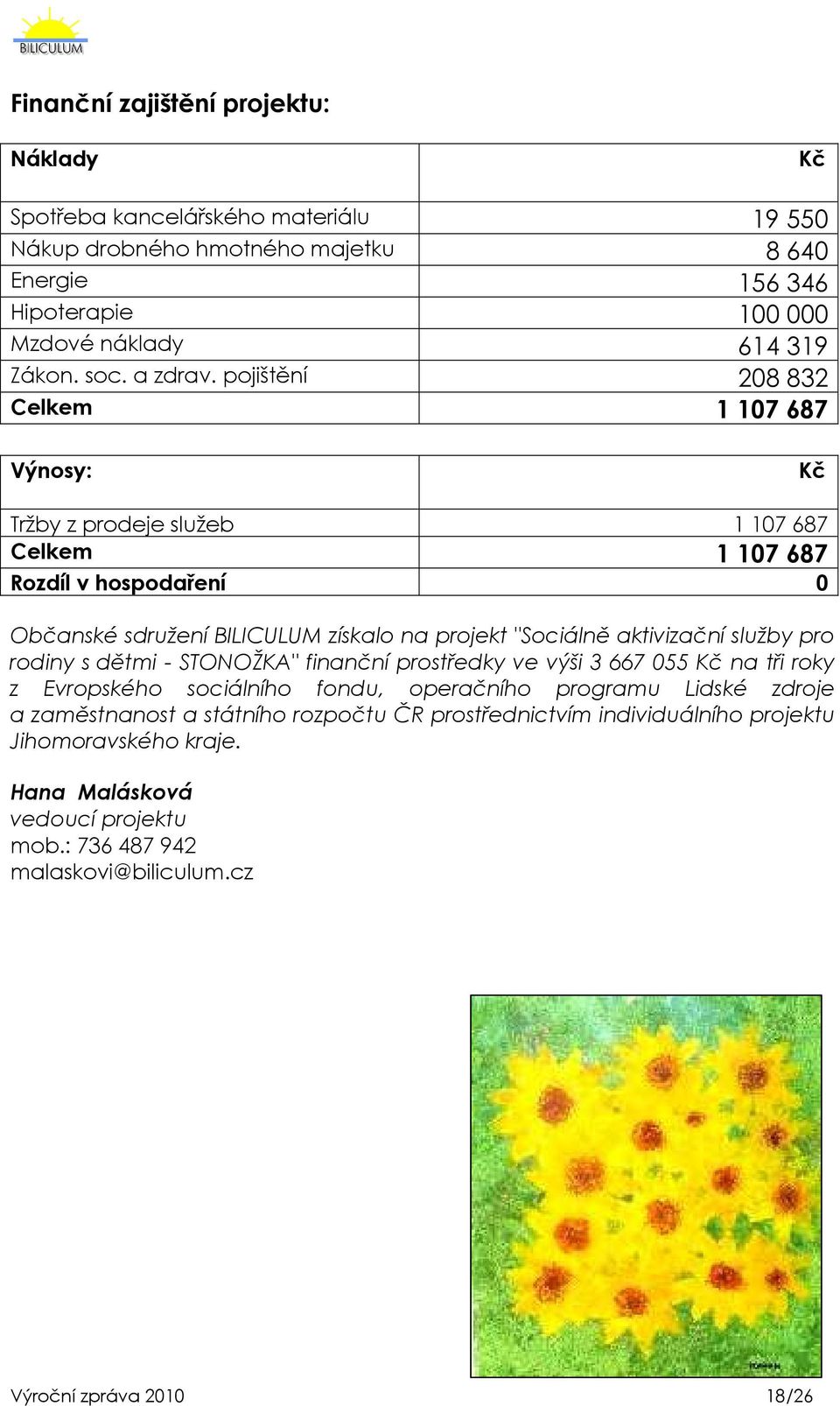 pojištění 208 832 Celkem 1 107 687 Výnosy: Kč Tržby z prodeje služeb 1 107 687 Celkem 1 107 687 Rozdíl v hospodaření 0 Občanské sdružení BILICULUM získalo na projekt "Sociálně