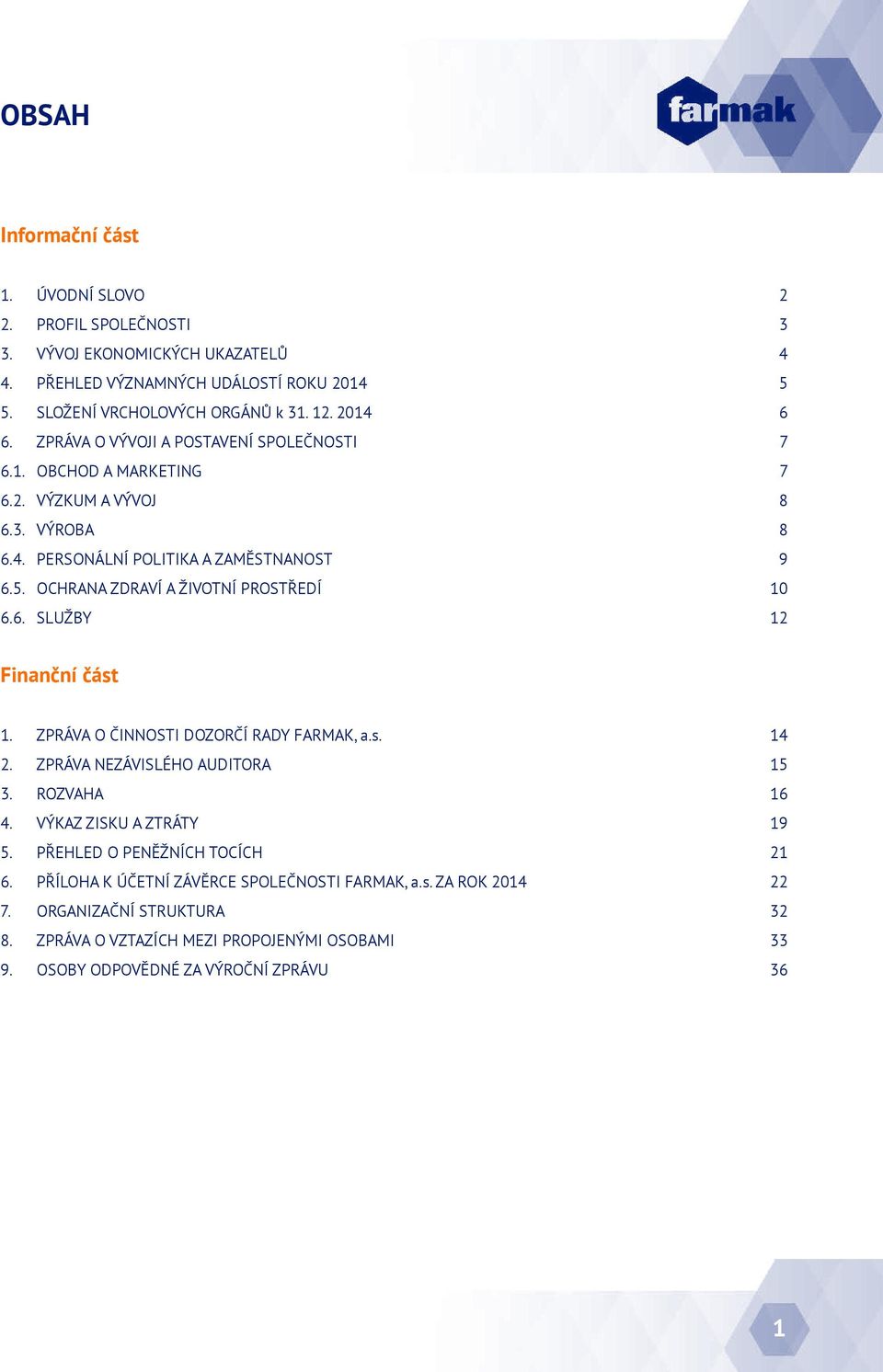 OCHRANA ZDRAVÍ A ŽIVOTNÍ PROSTŘEDÍ 10 6.6. SLUŽBY 12 Finanční část 1. ZPRÁVA O ČINNOSTI DOZORČÍ RADY FARMAK, a.s. 14 2. ZPRÁVA NEZÁVISLÉHO AUDITORA 15 3. ROZVAHA 16 4.