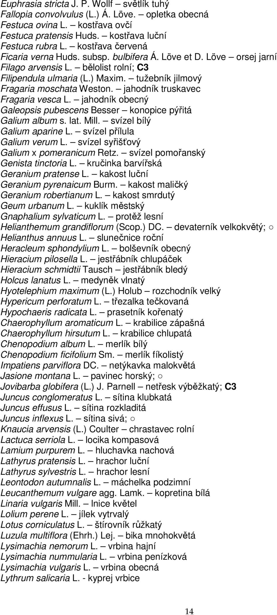 jahodník truskavec Fragaria vesca L. jahodník obecný Galeopsis pubescens Besser konopice pýřitá Galium album s. lat. Mill. svízel bílý Galium aparine L. svízel přílula Galium verum L.