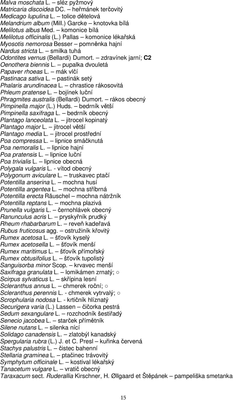 zdravínek jarní; C2 Oenothera biennis L. pupalka dvouletá Papaver rhoeas L. mák vlčí Pastinaca sativa L. pastinák setý Phalaris arundinacea L. chrastice rákosovitá Phleum pratense L.