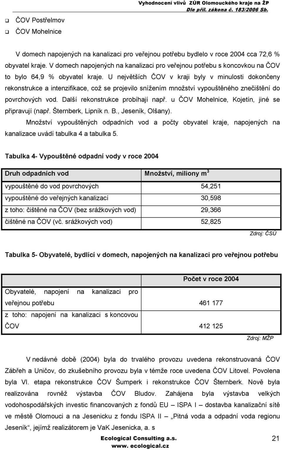 U největších ČOV v kraji byly v minulosti dokončeny rekonstrukce a intenzifikace, což se projevilo snížením množství vypouštěného znečištění do povrchových vod. Další rekonstrukce probíhají např.