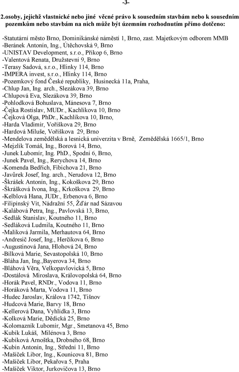 arch., Slezákova 39, Brno -Chlupová Eva, Slezákova 39, Brno -Pohlodková Bohuslava, Mánesova 7, Brno -Čejka Rostislav, MUDr., Kachlíkova 10, Brno -Čejková Olga, PhDr.