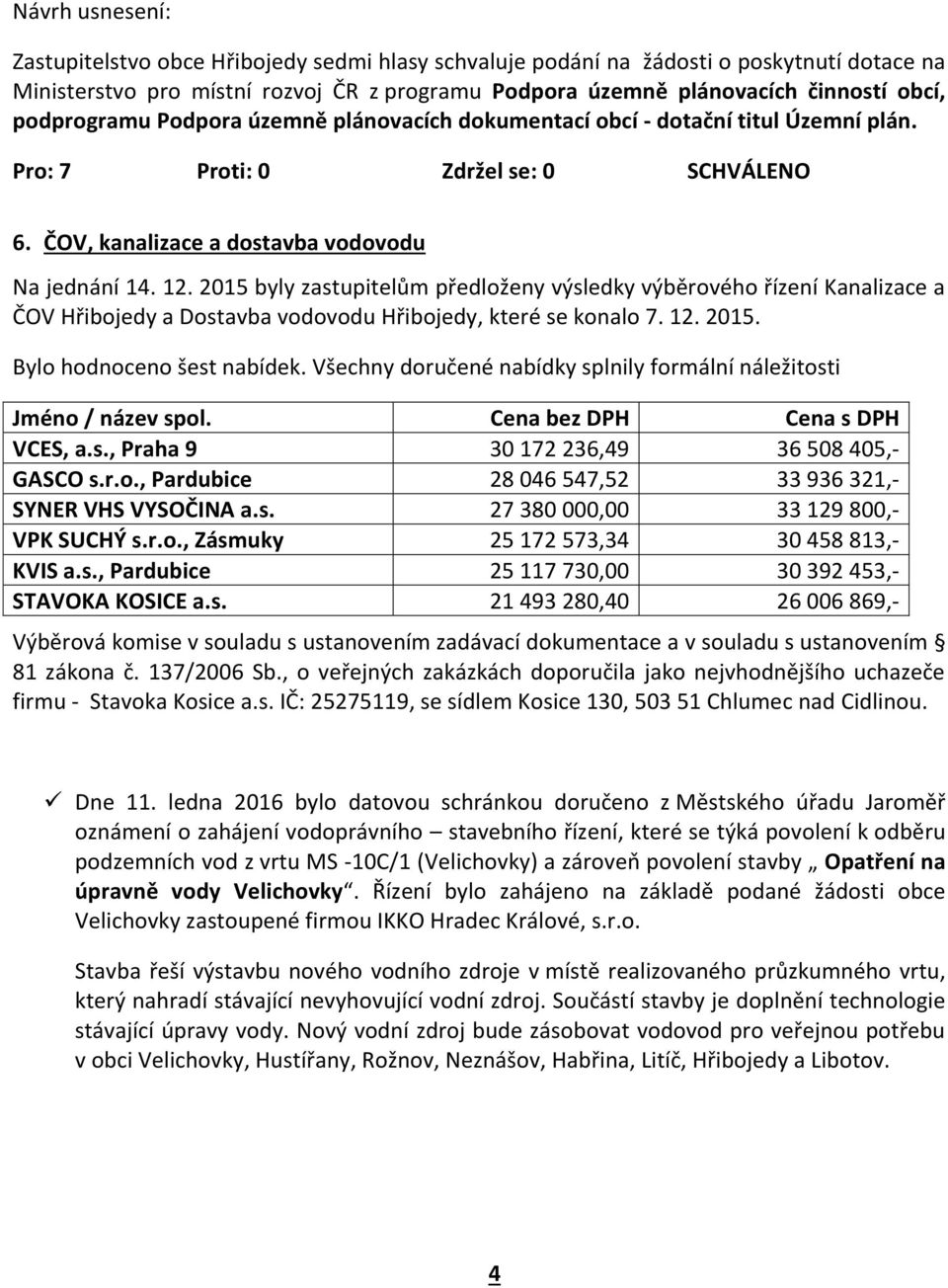 2015 byly zastupitelům předloženy výsledky výběrového řízení Kanalizace a ČOV Hřibojedy a Dostavba vodovodu Hřibojedy, které se konalo 7. 12. 2015. Bylo hodnoceno šest nabídek.