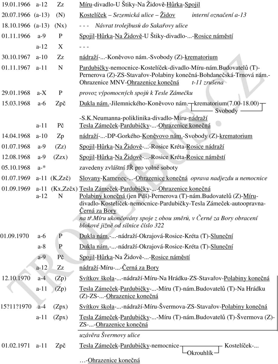 -svobody (Z)-krematorium 01.11.1967 a-11 N Pardubičky-nemocnice-Kostelíček-divadlo-Míru-nám.Budovatelů (T)- Pernerova (Z)-ZS-Stavařov-Polabiny konečná-bohdanečská-trnová nám.