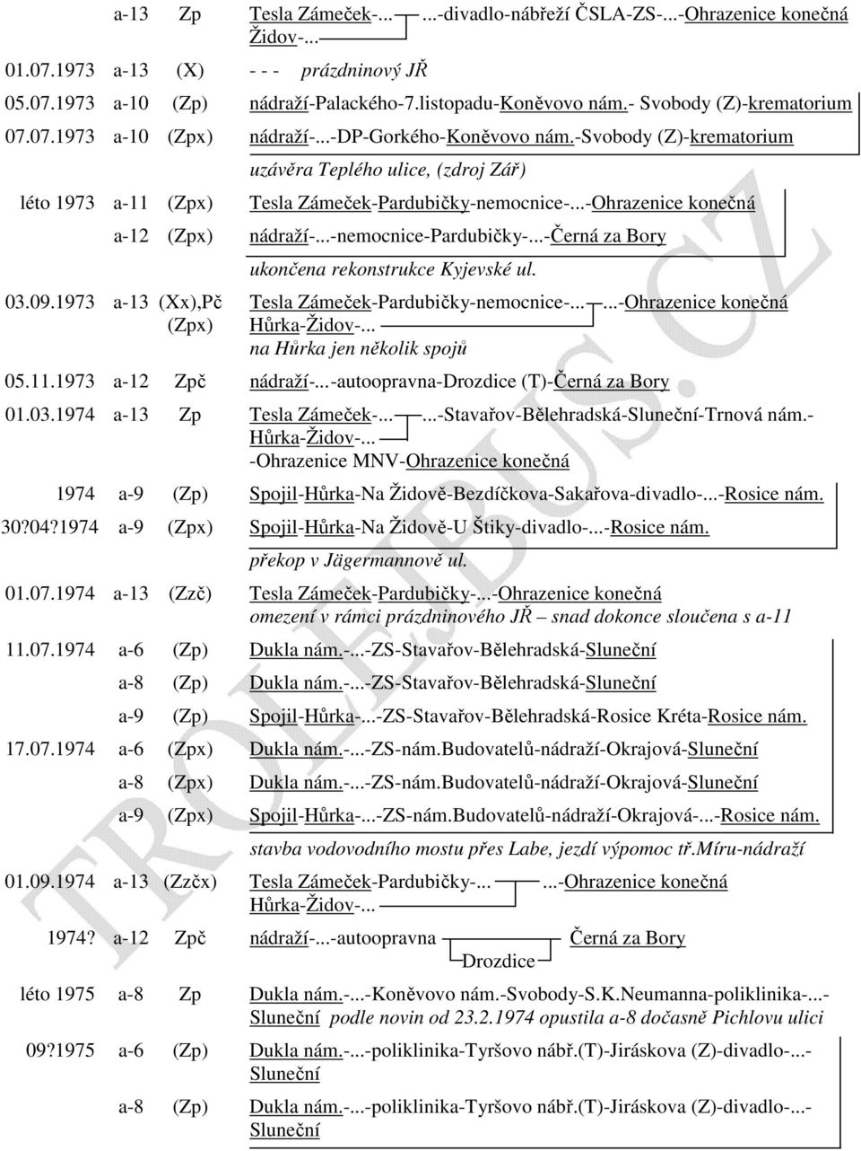 -svobody (Z)-krematorium léto 1973 a-11 (Zpx) uzávěra Teplého ulice, (zdroj Zář) Tesla Zámeček-Pardubičky-nemocnice-...-Ohrazenice konečná a-12 (Zpx) nádraží-...-nemocnice-pardubičky-.