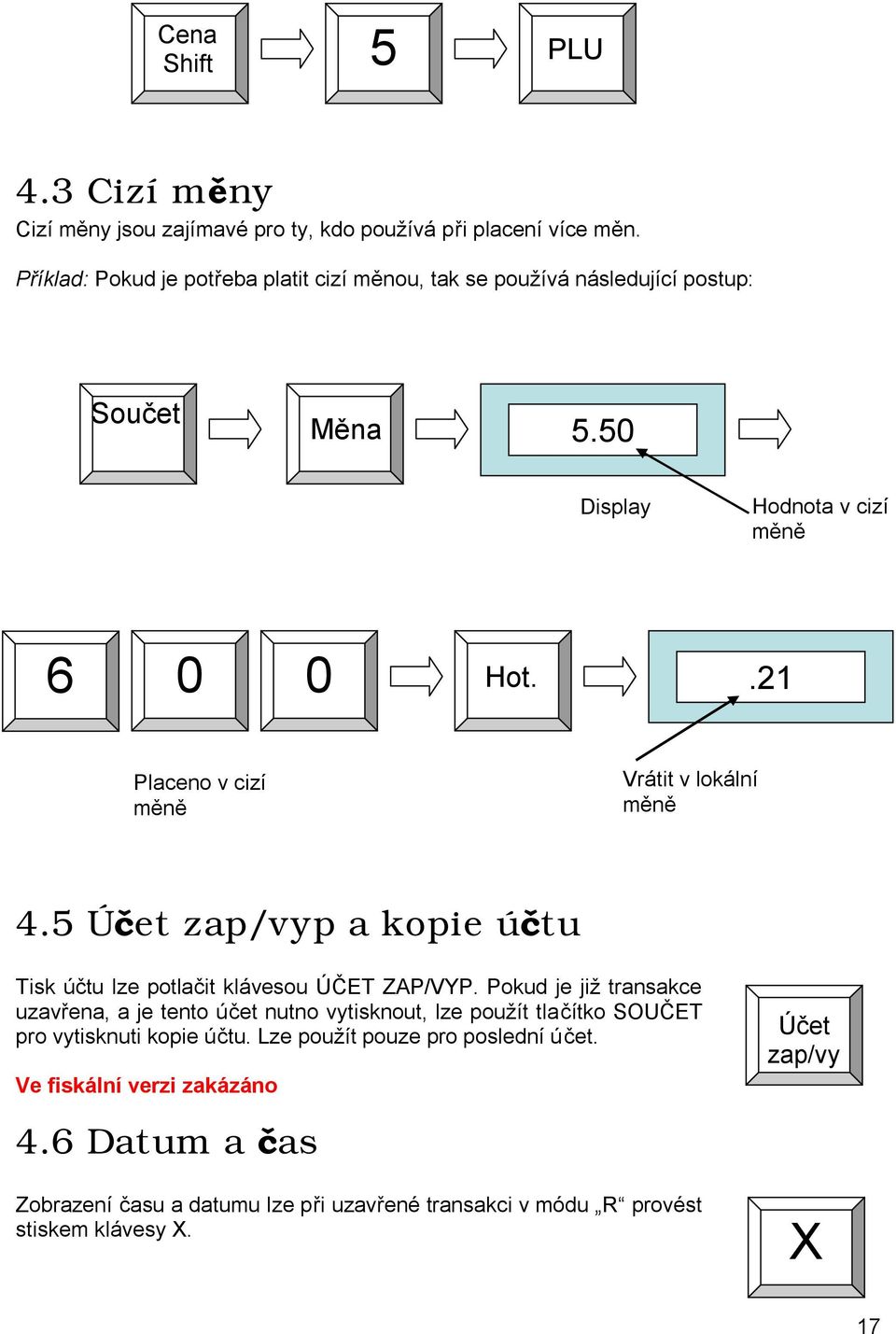 .21 Placeno v cizí měně Vrátit v lokální měně 4.5 Účet zap/vyp a kopie účtu Tisk účtu lze potlačit klávesou ÚČET ZAP/VYP.