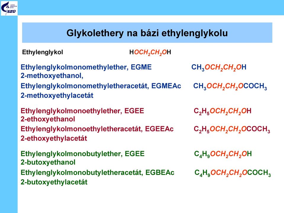 2-ethoxyethanol C 2 H 5 OCH 2 CH 2 OH Ethylenglykolmonoethyletheracetát, EGEEAc C 2 H 5 OCH 2 CH 2 OCOCH 3 2-ethoxyethylacetát