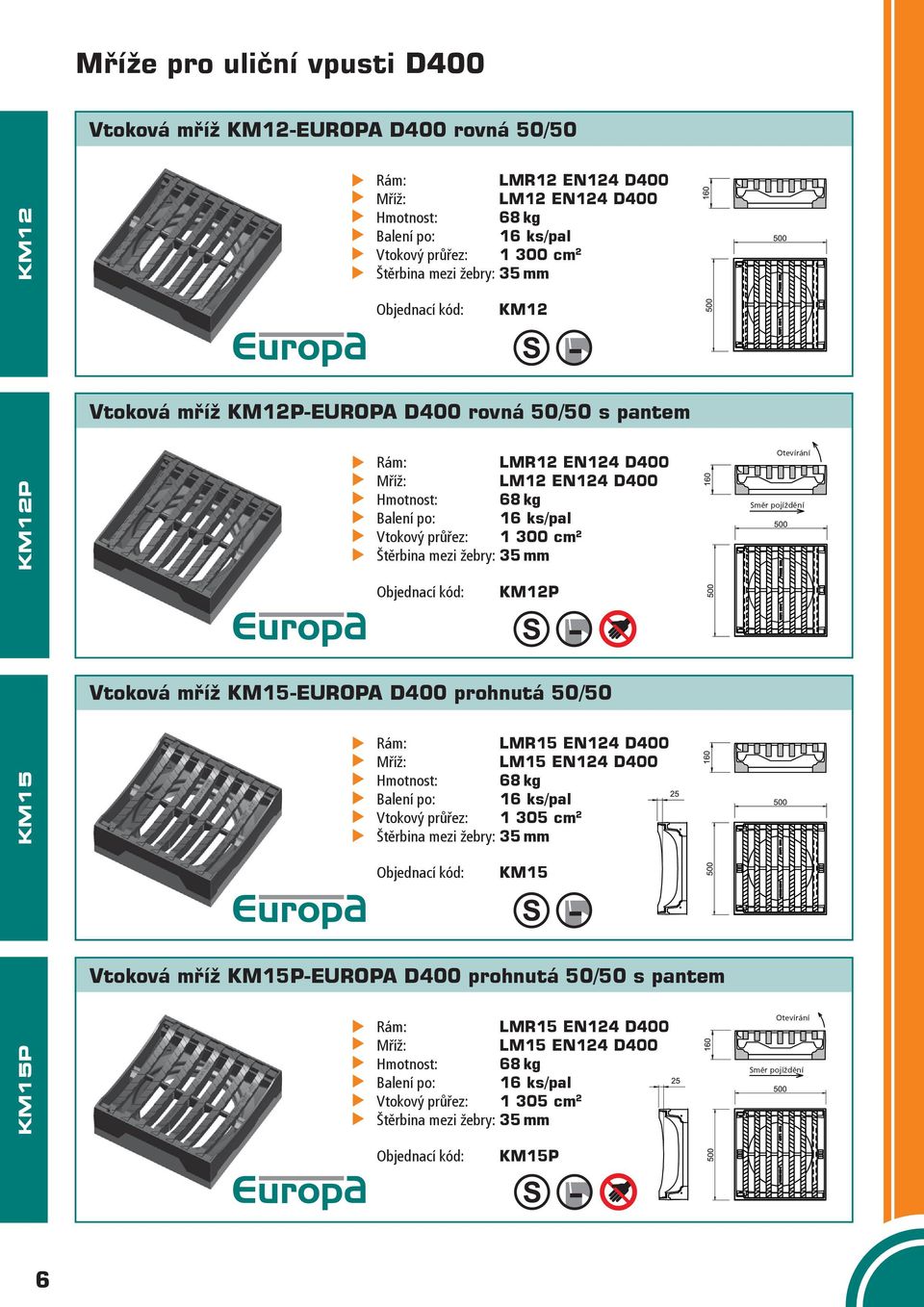 1 300 cm 2 Štěrbina mezi žebry: 35 mm Objednací kód: KM12P Vtoková mříž KM15-EUROPA D400 prohnutá 50/50 Rám: LMR15 EN124 D400 Mříž: LM15 EN124 D400 Hmotnost: 68 kg Balení po: 16 ks/pal Vtokový
