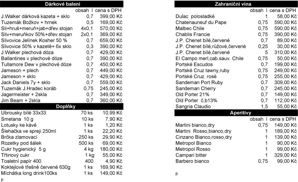 stojan 4x0,1 570,00 Kč Malbec Chile 0,75 590,00 Kč Sliv+meruňkov 50%+dřev.stojan 2x0,1 369,00 Kč Chablis Francie 0,75 390,00 Kč Slivovice Jelínek Kosher 50 % 0,7 659,00 Kč J.P.