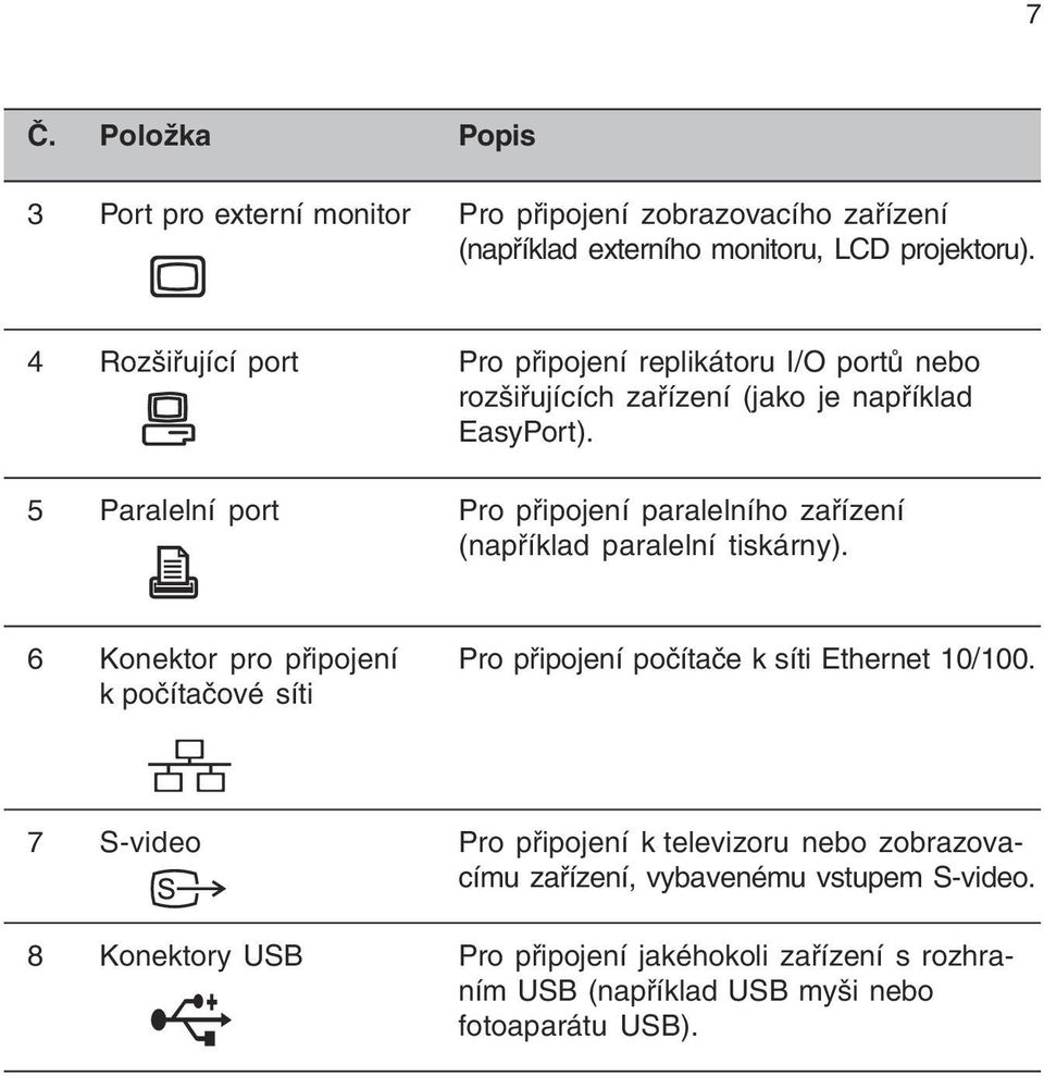 5 Paralelní port Pro připojení paralelního zařízení (například paralelní tiskárny). 6 Konektor pro připojení Pro připojení počítače k síti Ethernet 10/100.