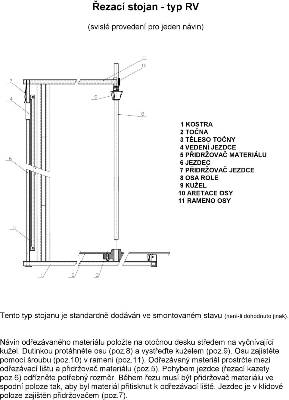 Dutinkou protáhněte osu (poz.8) a vystřeďte kuželem (poz.9). Osu zajistěte pomocí šroubu (poz.10) v rameni (poz.11). Odřezávaný materiál prostrčte mezi odřezávací lištu a přidržovač materiálu (poz.5).