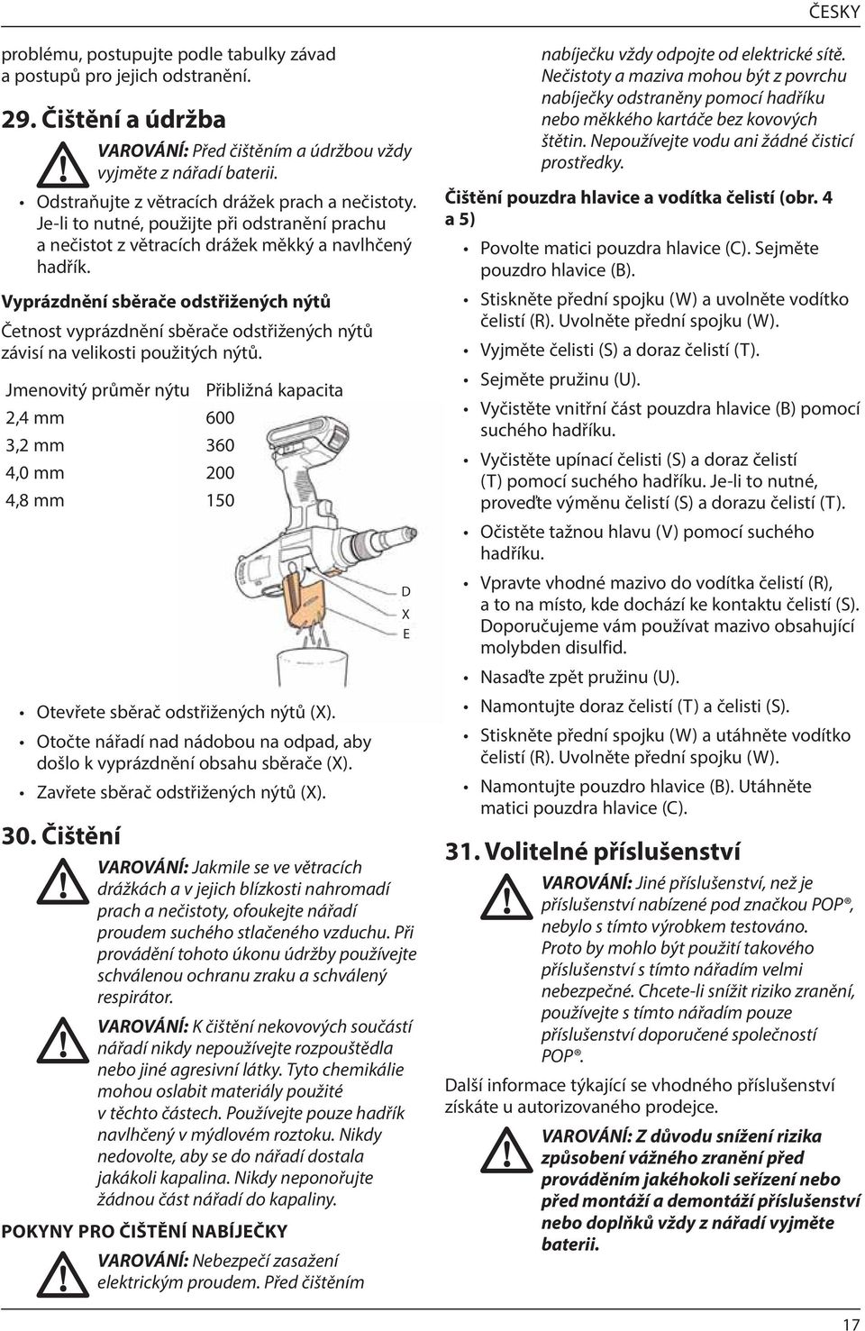 Vyprázdnění sběrače odstřižených nýtů Četnost vyprázdnění sběrače odstřižených nýtů závisí na velikosti použitých nýtů.