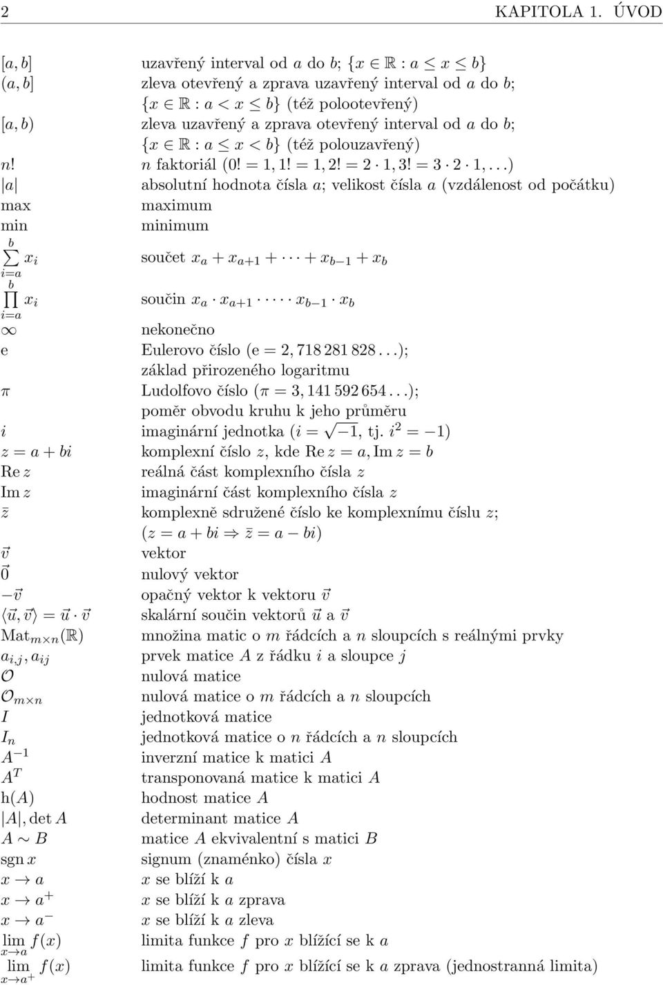 od a do b; {x R : a x < b} (též polouzavřený) n! n faktoriál (0! = 1, 1! = 1, 2! = 2 1, 3! = 3 2 1,.