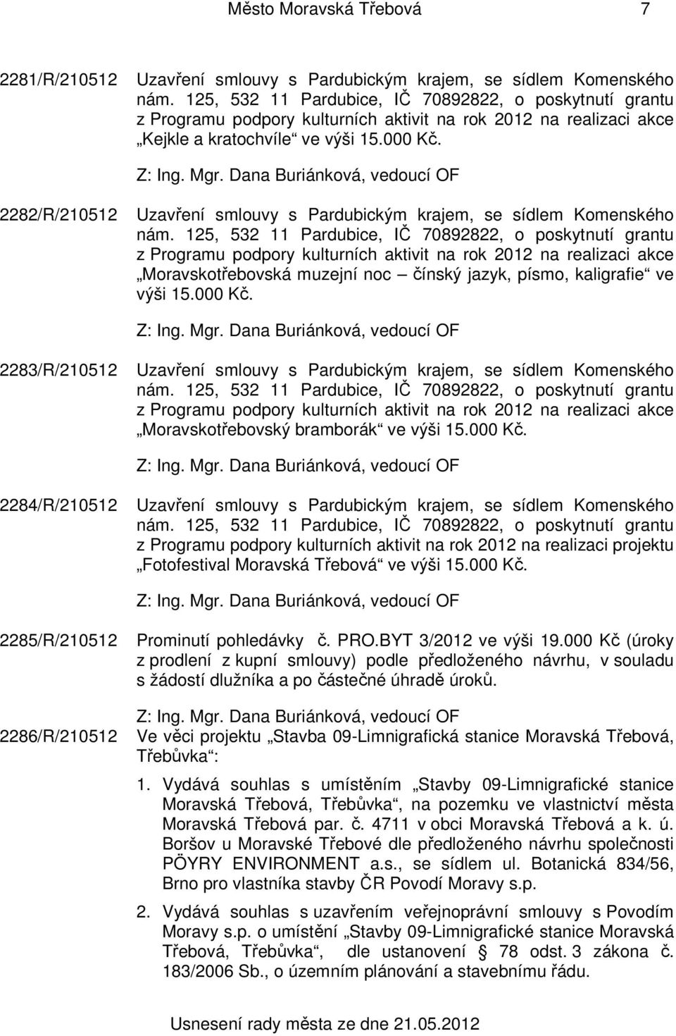 2282/R/210512 Uzavření smlouvy s Pardubickým krajem, se sídlem Komenského nám.
