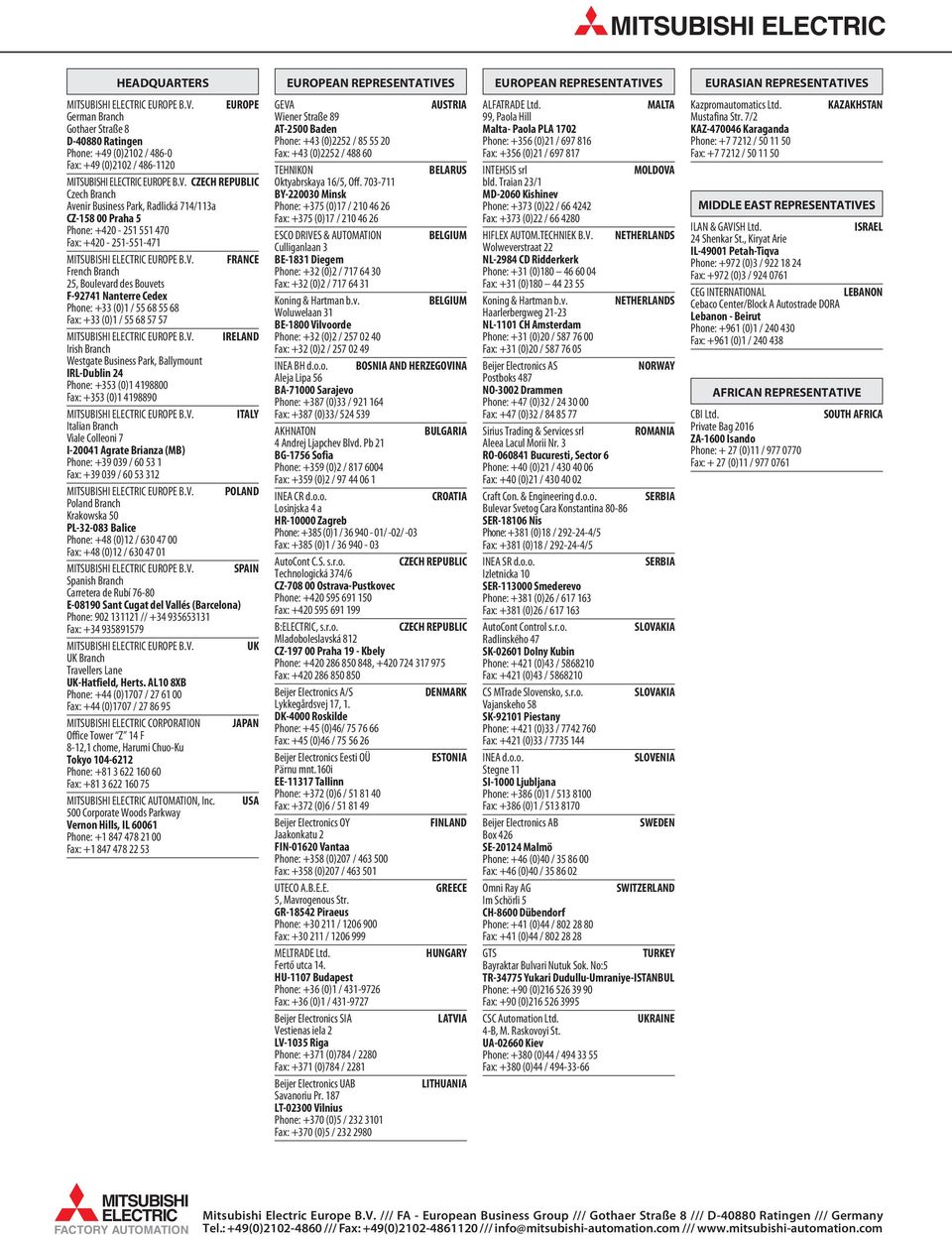 V. IRELAND Irish Branch Westgate Business Park, Ballymount IRL-Dublin 24 Phone: +353 (0)1 4198800 Fax: +353 (0)1 4198890 MITSUBISHI ELECTRIC EUROPE B.V. ITALY Italian Branch Viale Colleoni 7 I-20041 Agrate Brianza (MB) Phone: +39 039 / 60 53 1 Fax: +39 039 / 60 53 312 MITSUBISHI ELECTRIC EUROPE B.