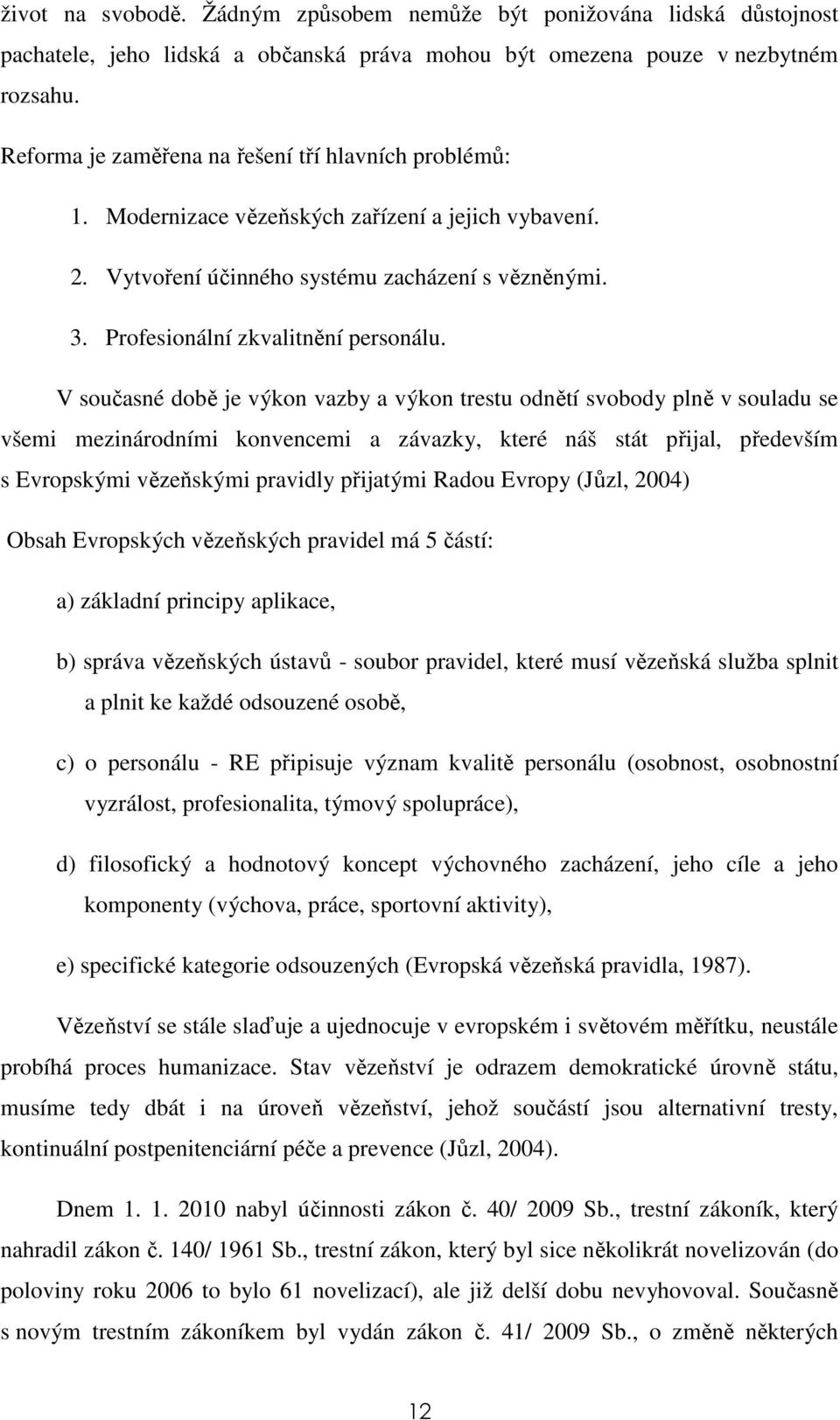 V současné době je výkon vazby a výkon trestu odnětí svobody plně v souladu se všemi mezinárodními konvencemi a závazky, které náš stát přijal, především s Evropskými vězeňskými pravidly přijatými