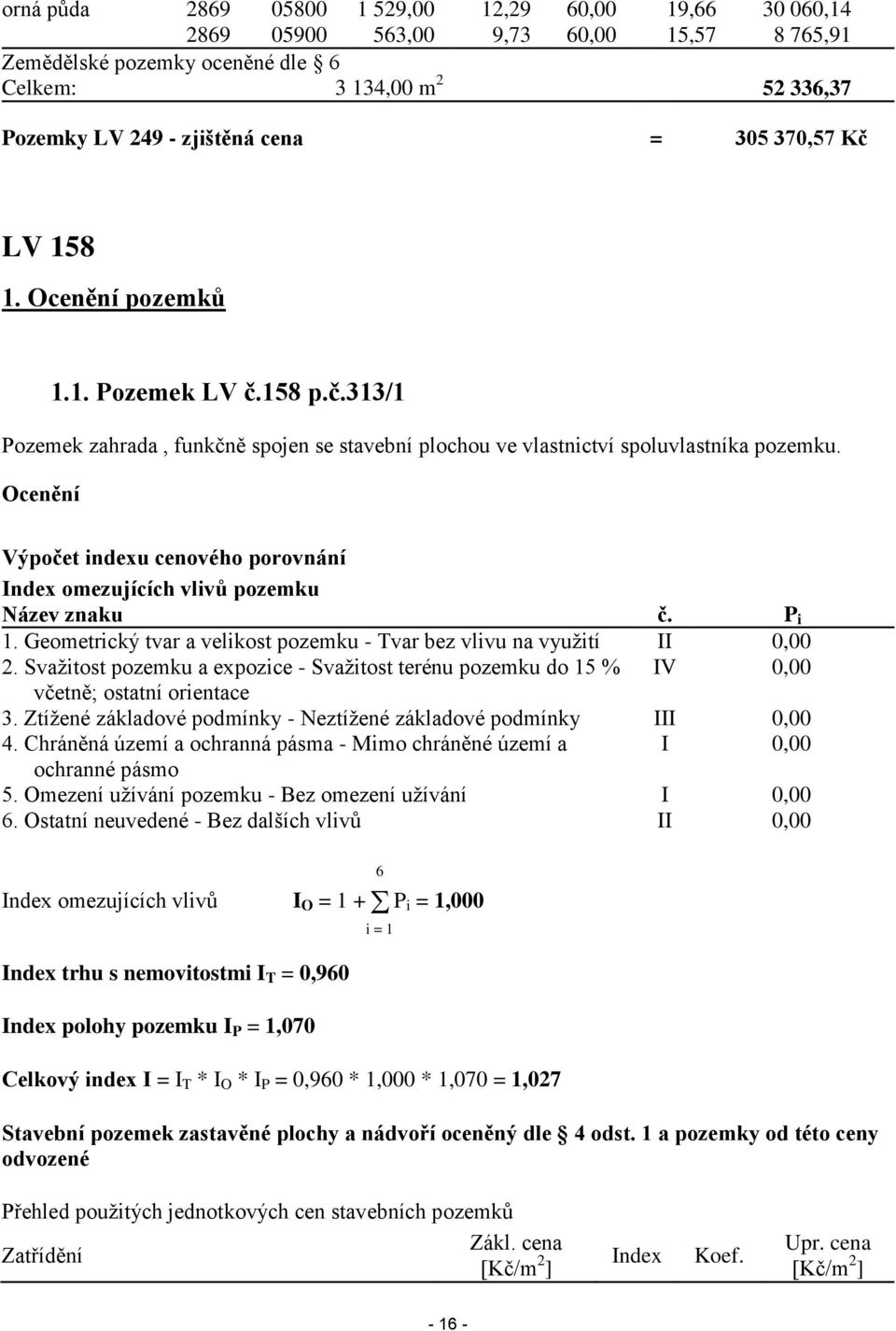 Ocenění Výpočet indexu cenového porovnání Index omezujících vlivů pozemku Název znaku č. P i 1. Geometrický tvar a velikost pozemku - Tvar bez vlivu na využití II 0,00 2.