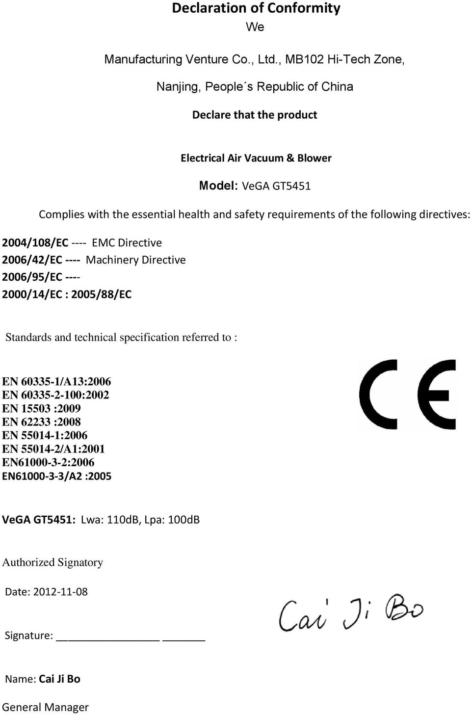 safety requirements of the following directives: 2004/108/EC ---- EMC Directive 2006/42/EC ---- Machinery Directive 2006/95/EC ---- 2000/14/EC : 2005/88/EC Standards and