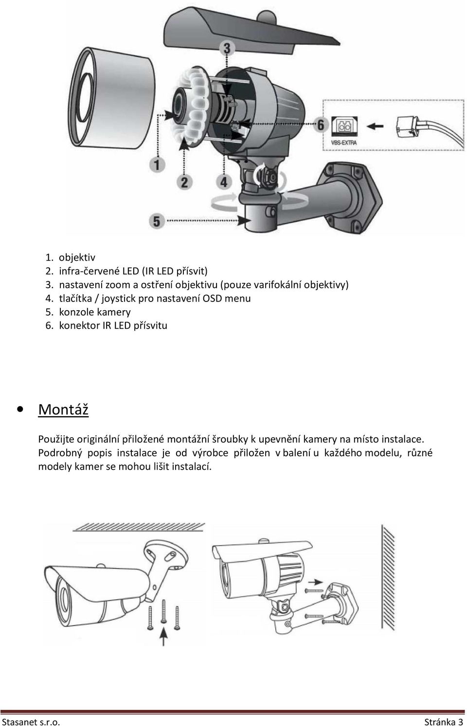 tlačítka / joystick pro nastavení OSD menu 5. konzole kamery 6.