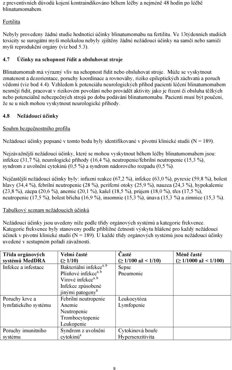 7 Účinky na schopnost řídit a obsluhovat stroje Blinatumomab má výrazný vliv na schopnost řídit nebo obsluhovat stroje.