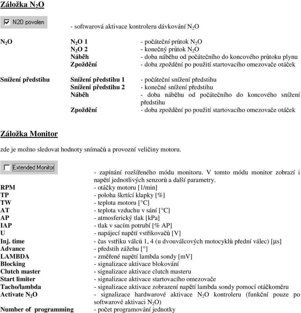 snížení pedstihu Zpoždní - doba zpoždní po použití startovacího omezovae otáek Záložka Monitor zde je možno sledovat hodnoty sníma a provozní veliiny motoru. - zapínání rozšíeného módu monitoru.